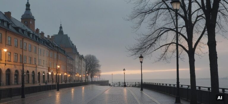 Ruskigt novemberväder vid kajen i Helsingborg med tända fönster och Kärnan i dimma. AI.