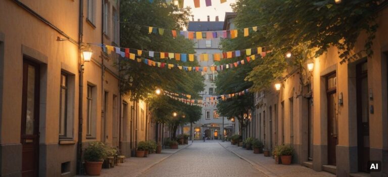 Regnbågsflaggor över en gata i Helsingborg på sommaren, med fotbollsstrålkastare i bakgrunden. AI.