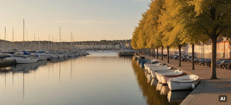 Båtar vid kajen i Helsingborg i sen sommar i gyllene kvällsljus. AI.
