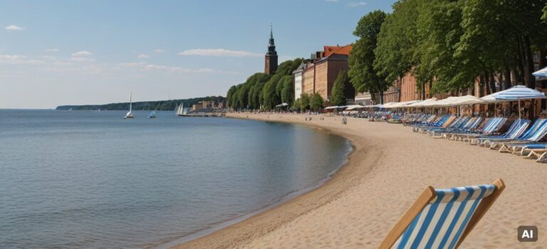 Sommar vid kajen i Helsingborg med solparasoll, badstolar och segelbåtar. AI.